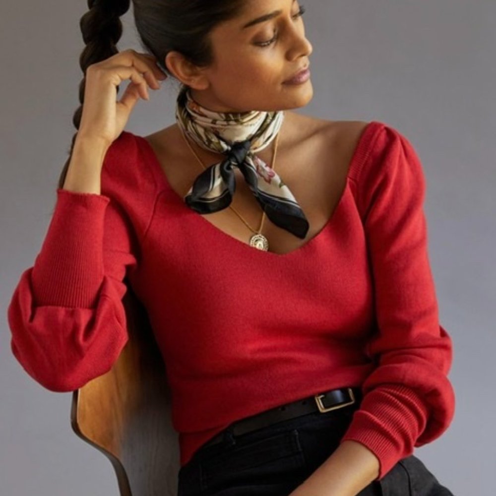 Anthropologie Sweetheart Puff-Sleeved Sweater Red/Rouge Size XL